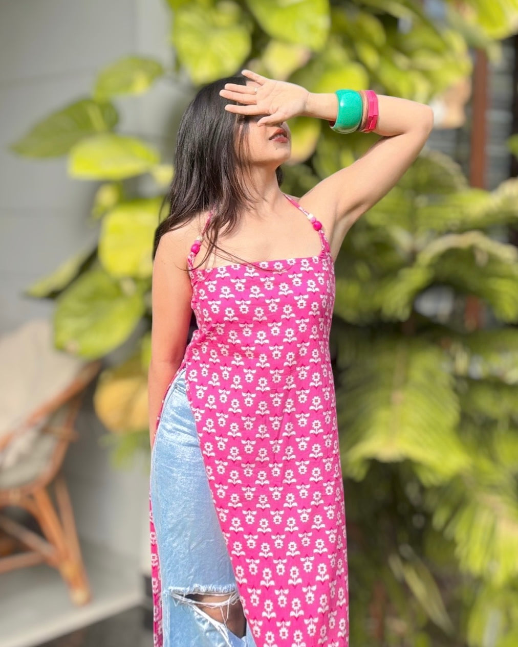 SHAGUN | beaded long kurti with halter neck