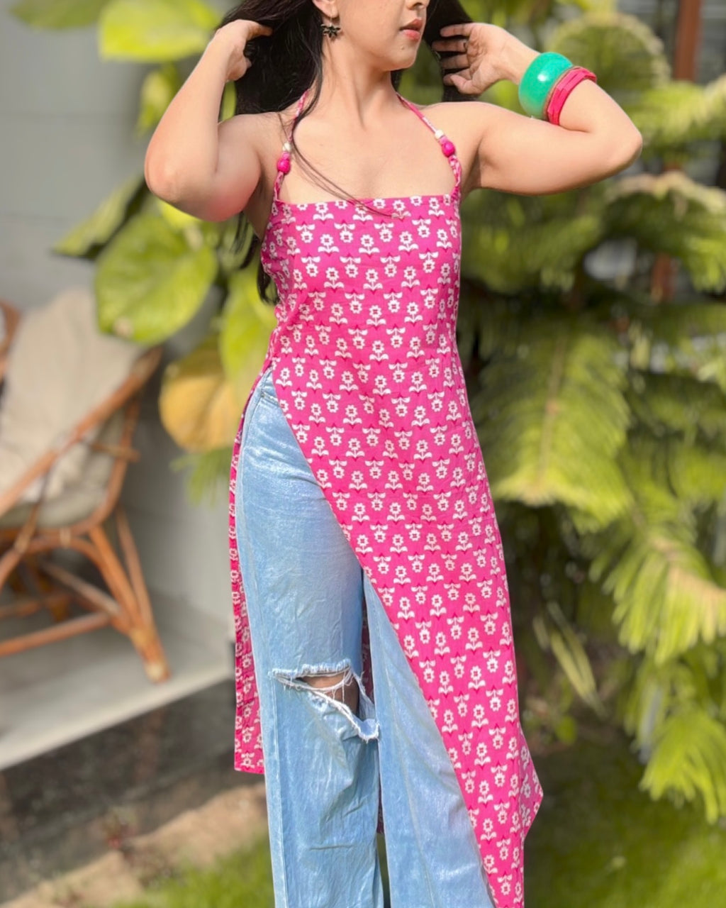 SHAGUN | beaded long kurti with halter neck