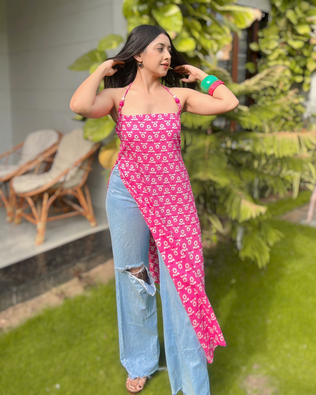 SHAGUN | beaded long kurti with halter neck