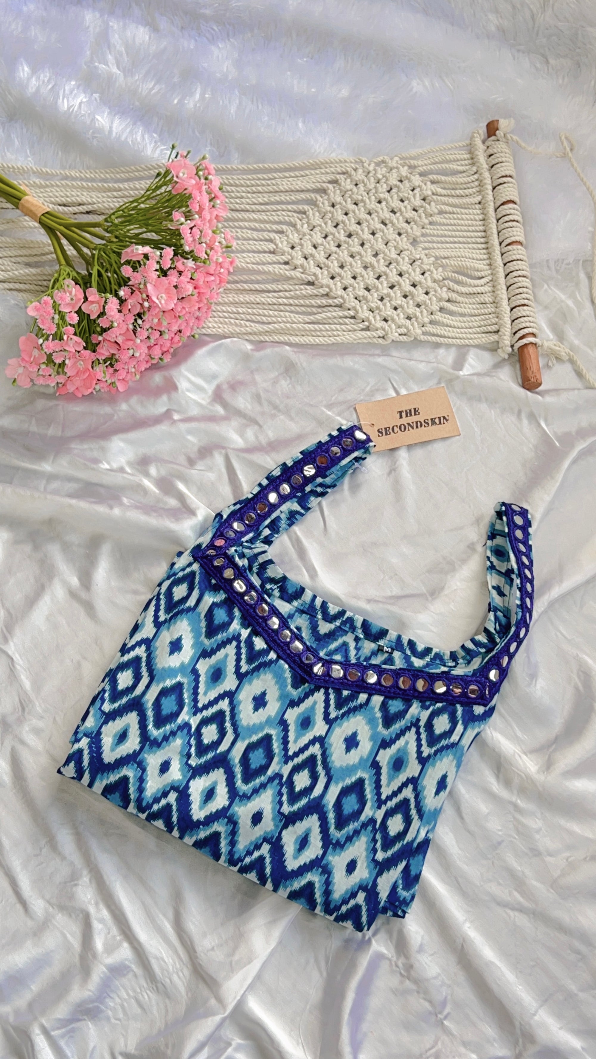 blue ikkat long kurti with mirror lace