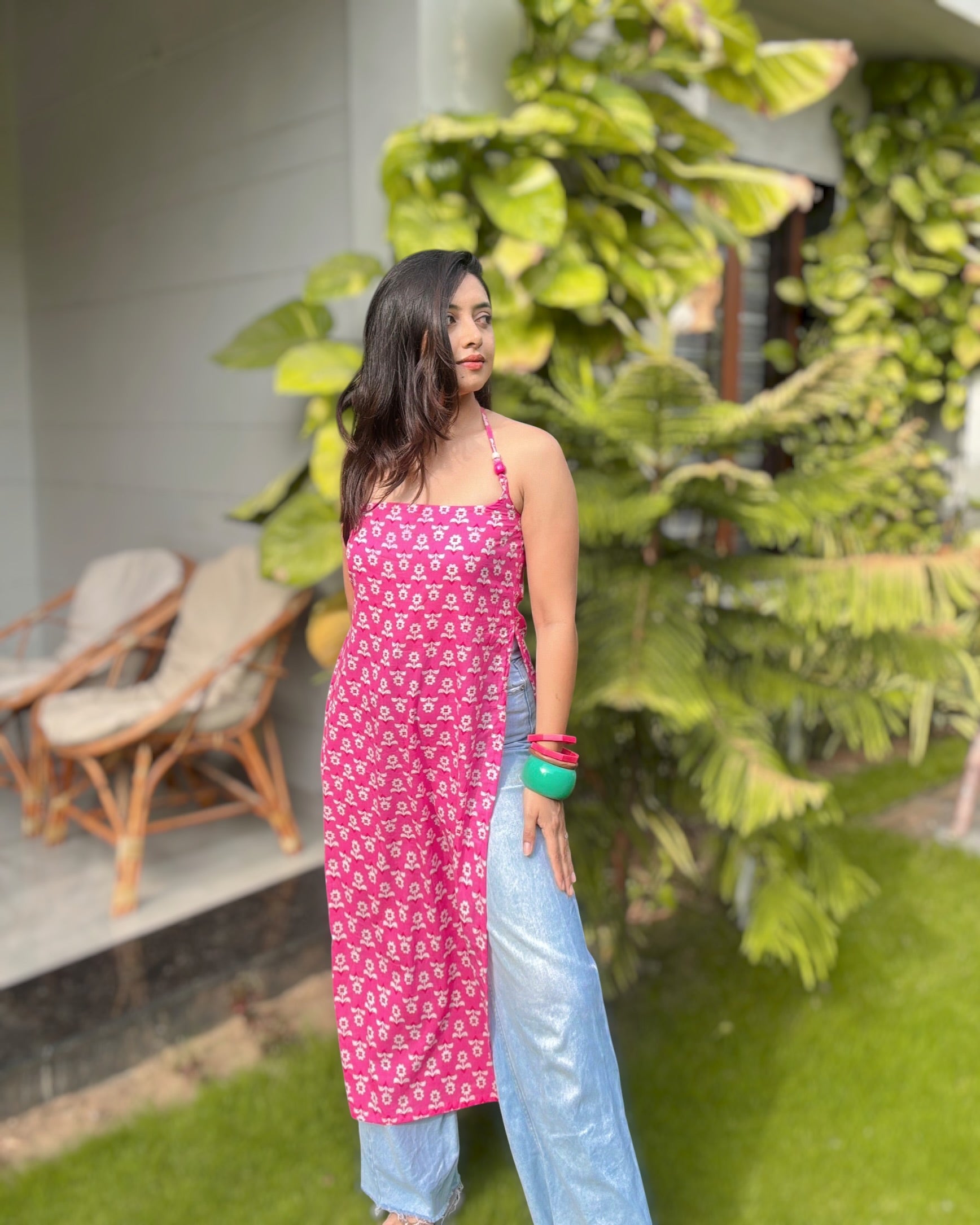 SHAGUN | beaded long kurti with halter neck