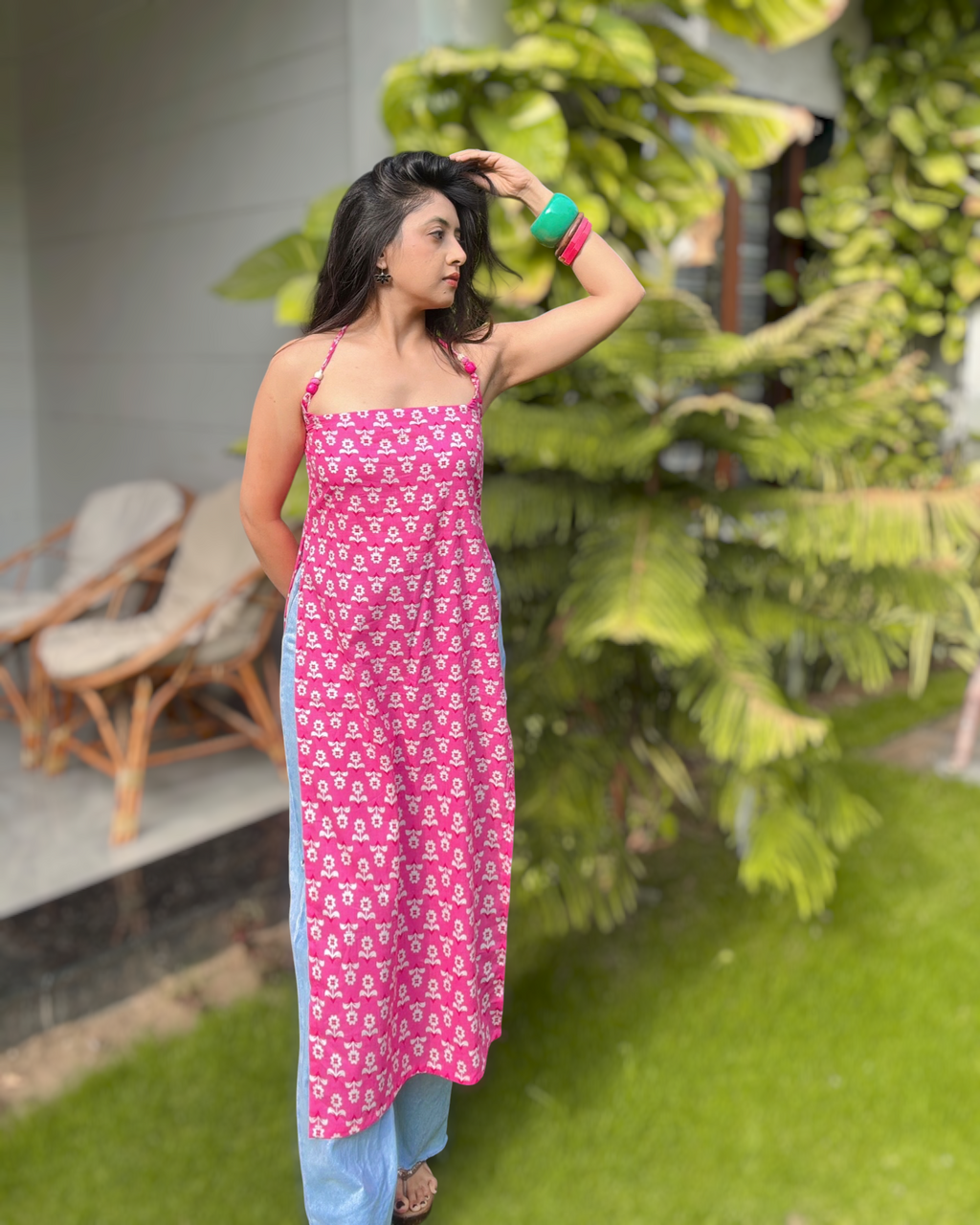 SHAGUN | beaded long kurti with halter neck