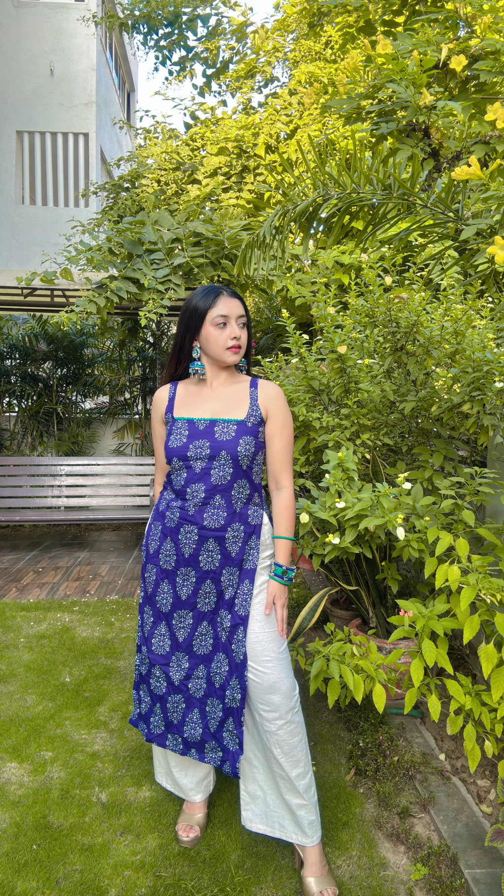 blue big butta long kurti