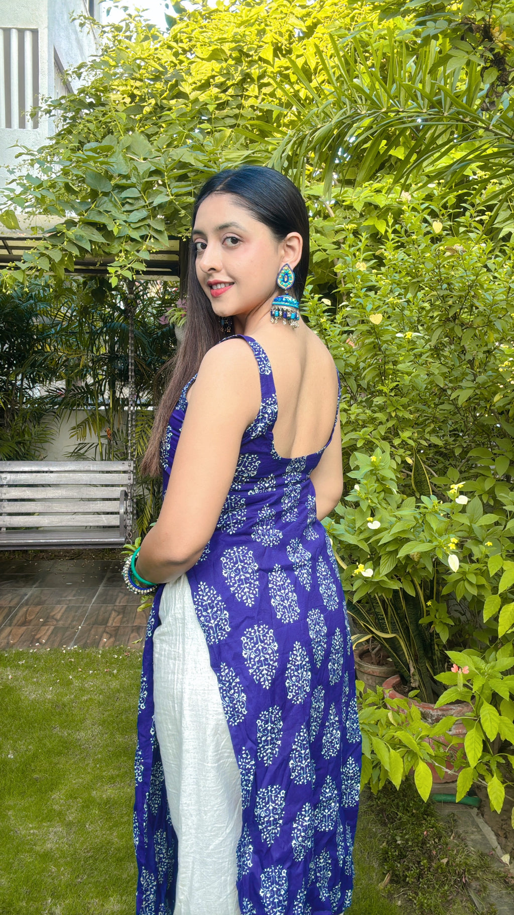 blue big butta long kurti