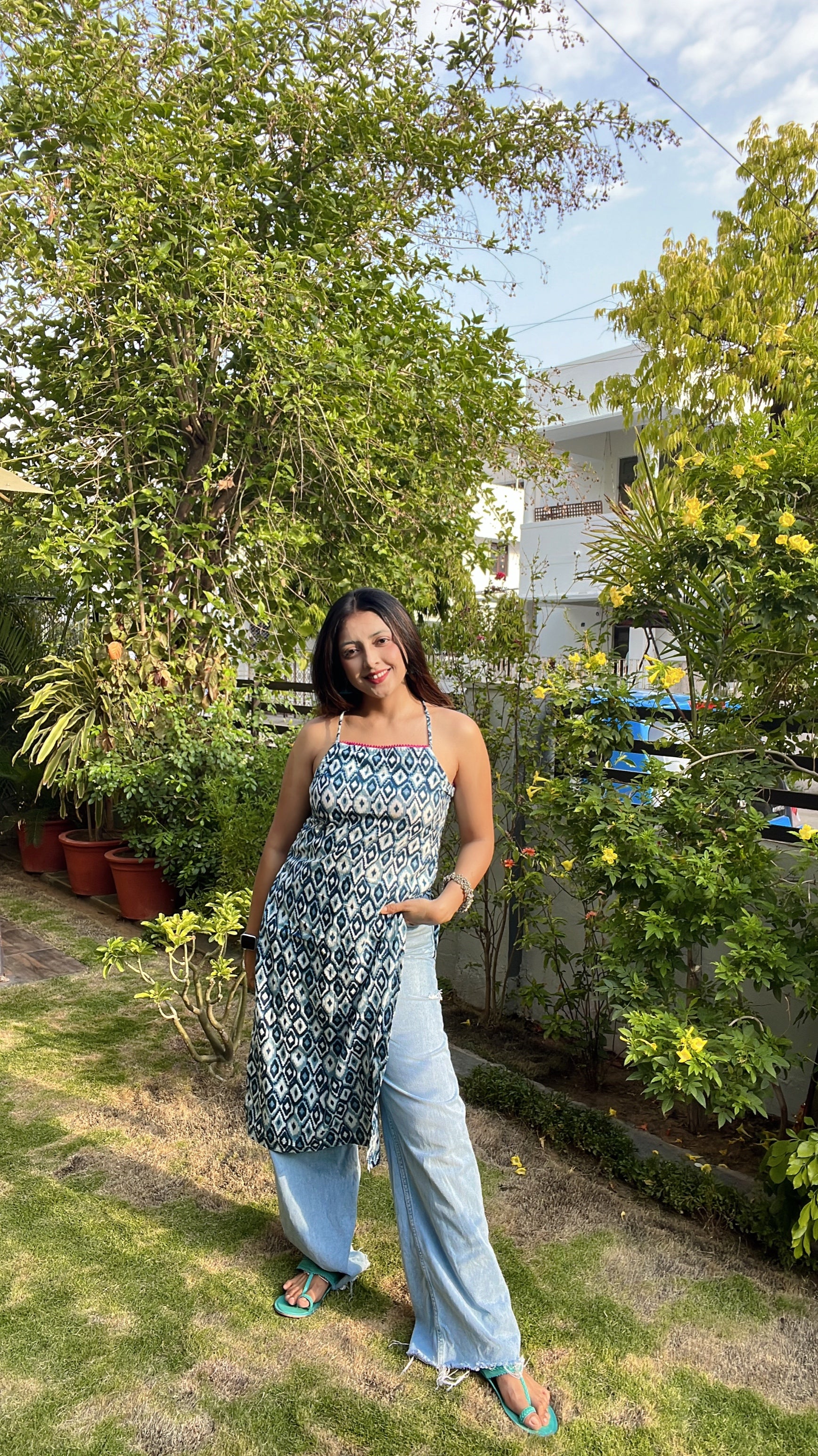 blue ikkat halter neck kurti