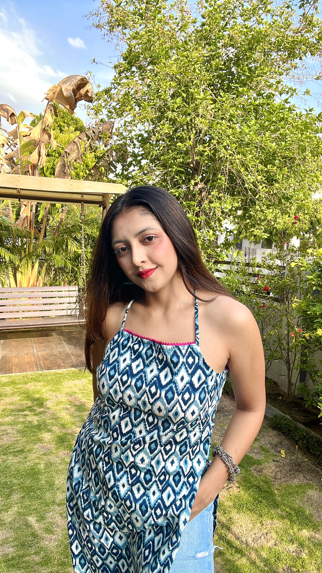 blue ikkat halter neck kurti