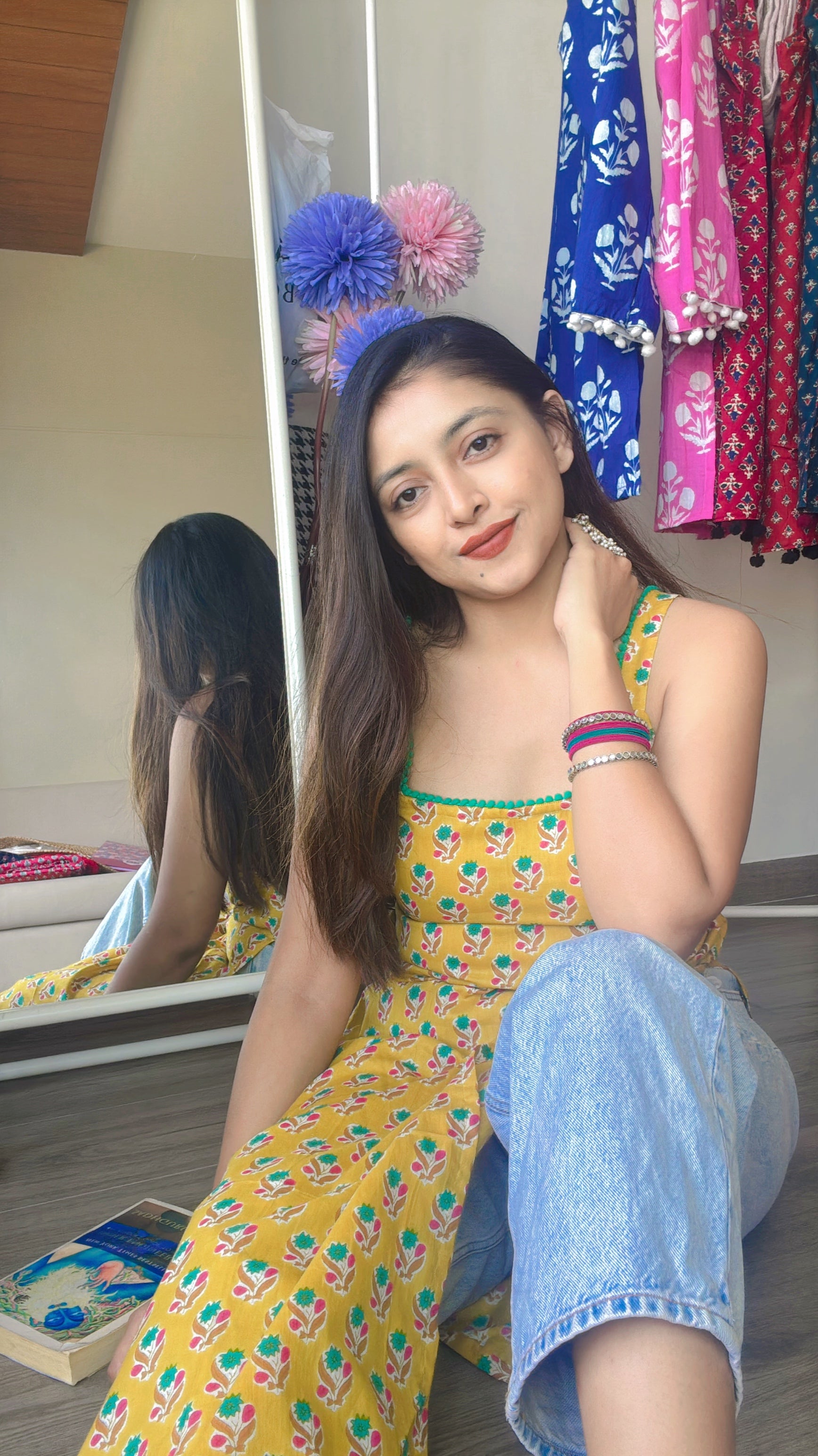 yellow teal long kurti