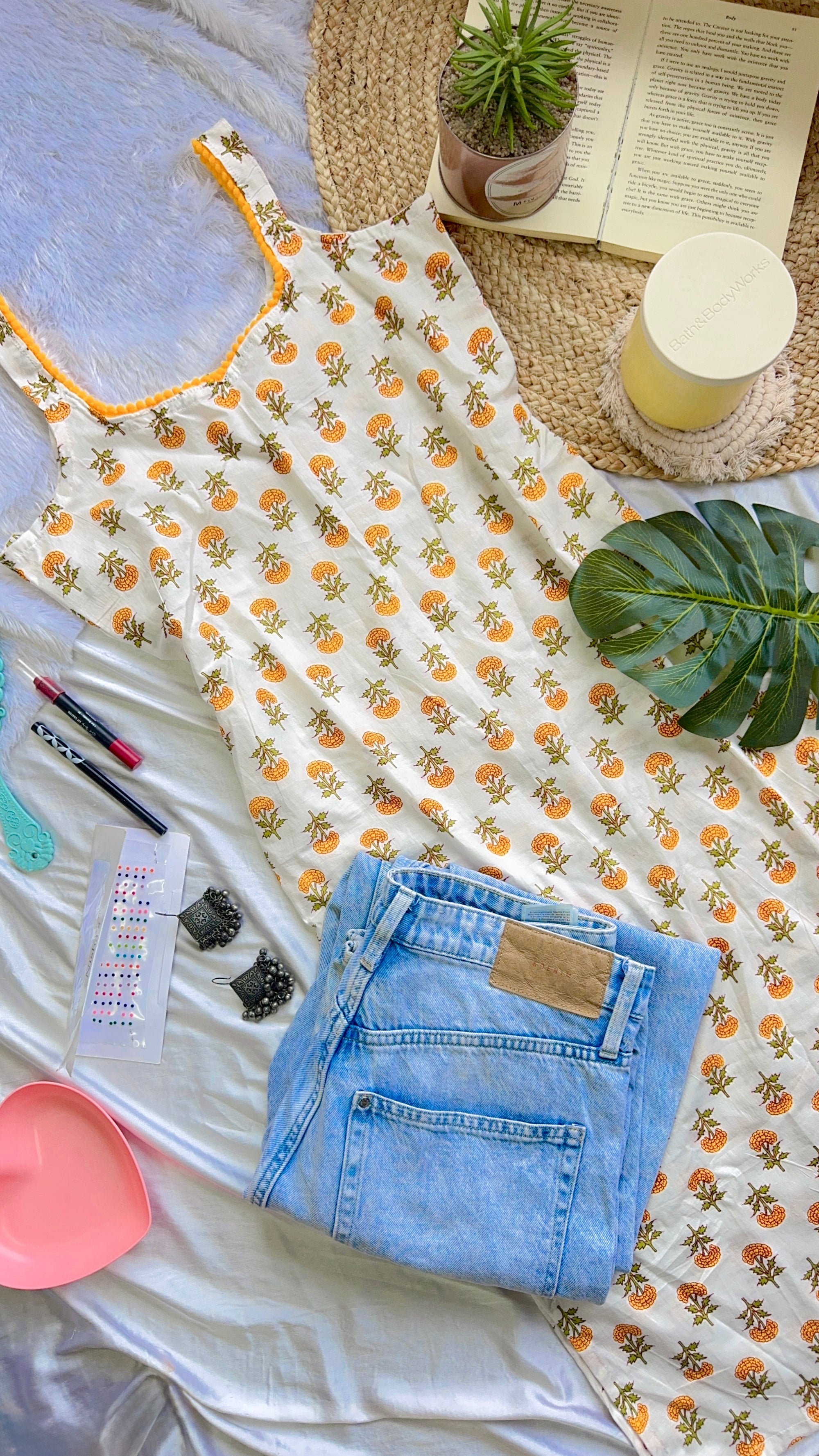 white yellow marigold long kurti