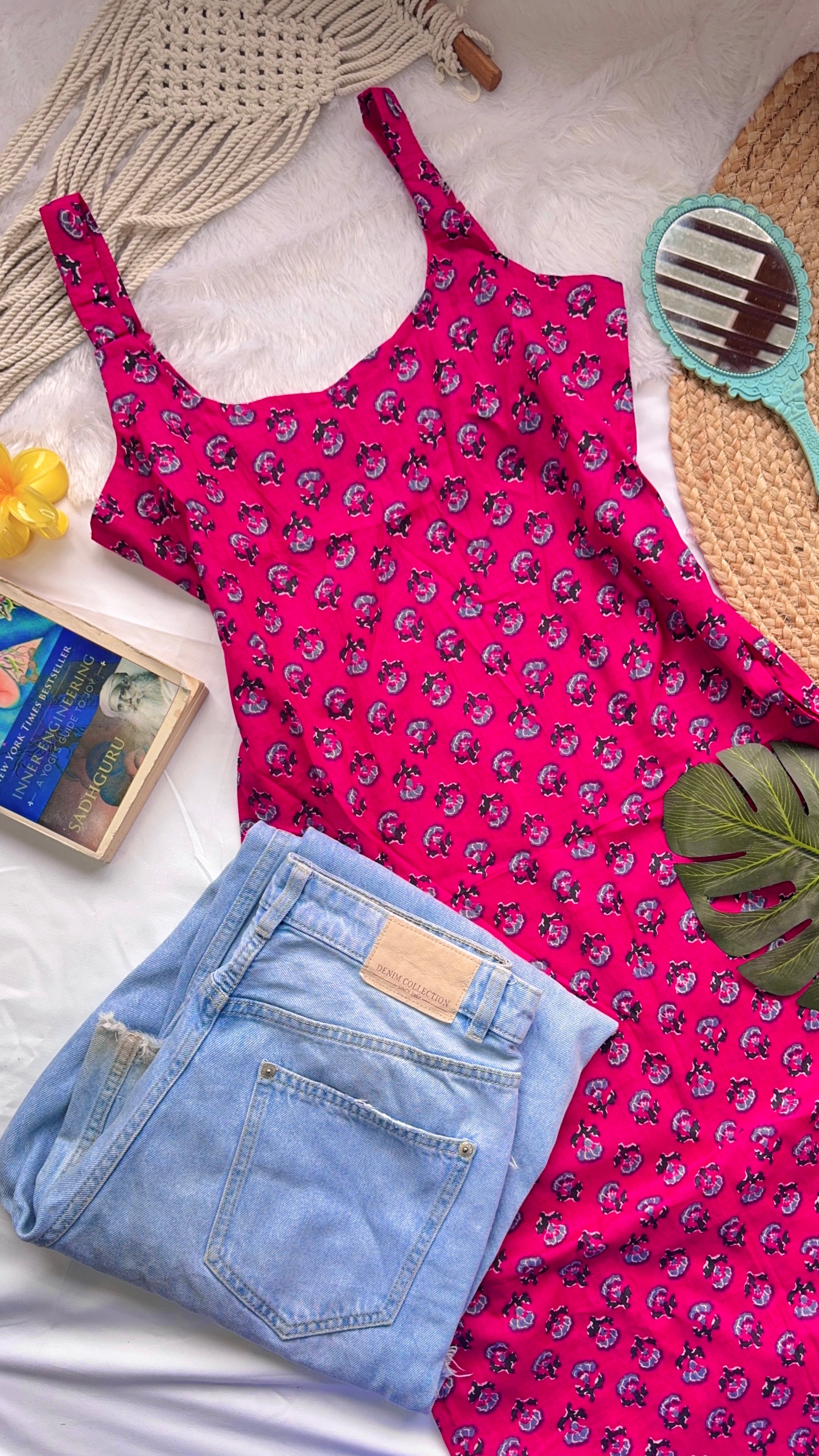 pink butti long kurti